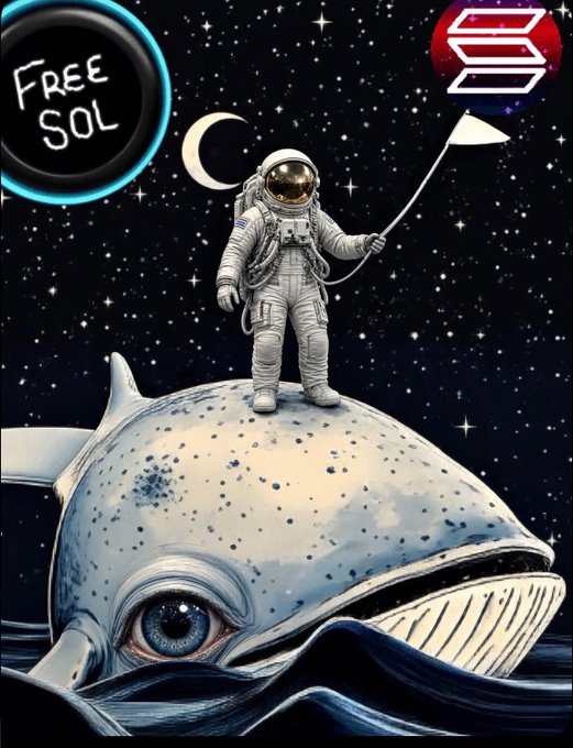 A whimsical illustration showing an astronaut standing on a large blue whale in space, holding a flag, with a 'FREE SOL' badge and a Solana logo visible in the corners.
