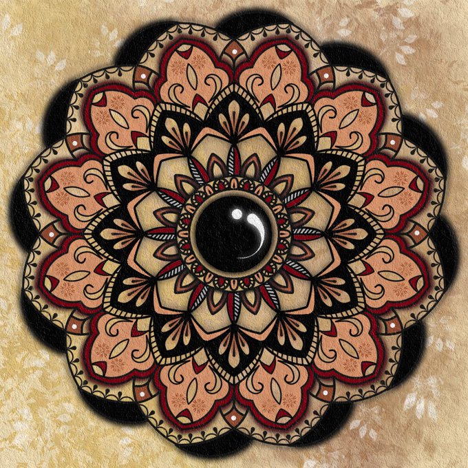 A decorative mandala design features intricate floral patterns in peach, red, and black colors radiating around a large black polished center stone.