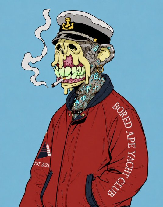 An illustration of a skeletal figure with rotting flesh wearing a captain's hat and a red jacket labeled 'BORED APE YACHT CLUB' and 'EST. 2021', smoking a cigarette.