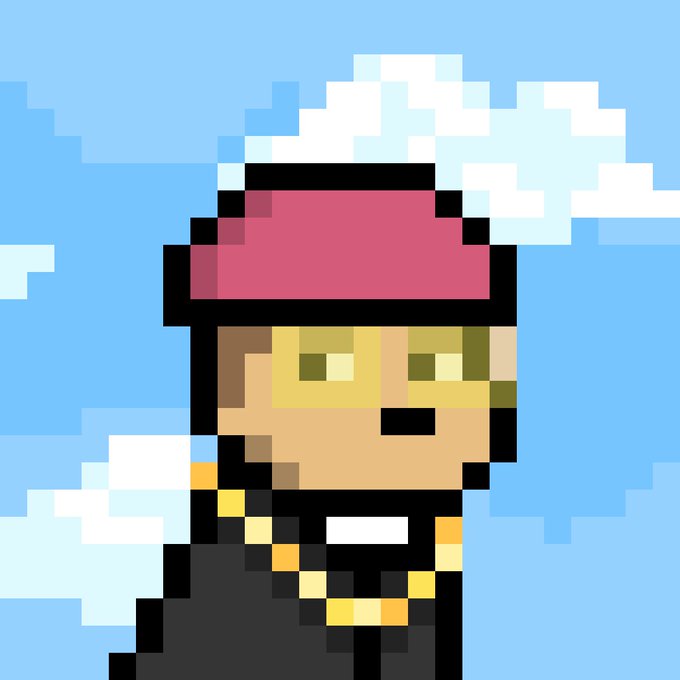A pixel art portrait of a character wearing a red hat and a thick gold chain against a blue sky with white clouds.