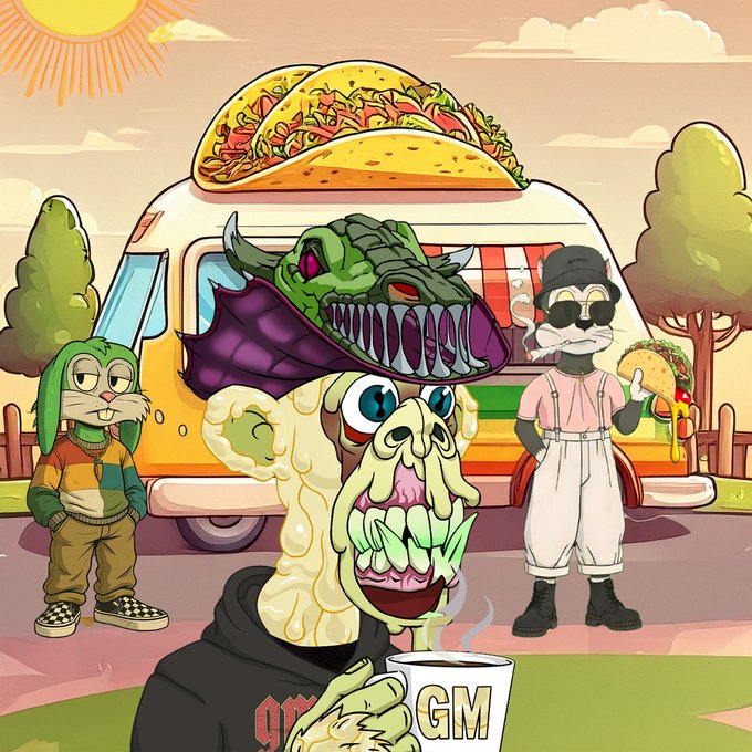 An illustrated scene features cartoon characters including a green dragon-headed figure and a cat-like creature near a taco van with a large taco on top.