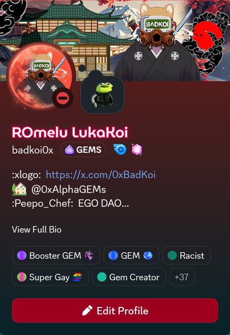 The image shows a crypto/NFT profile for "ROmelu LukaKoi" with username "badkoi0x," featuring a samurai-clad avatar set against a Japanese backdrop with a blood moon, displaying GEMS and other token tags alongside badges like "Booster GEM," "GEM," "Super Gay," and "Gem Creator."

The profile visually reinforces the post's joke about being "fed" by the @0xAlphaGEMs community, with the samurai avatar's disciplined, well-equipped appearance humorously suggesting he's being generously rewarded (4-5 figures monthly) by the GEMs platform.