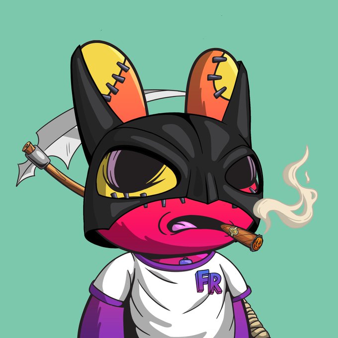A cartoon character with a large red head wears a black bat-eared hood with orange-stitched ears, smokes a cigar, and has an axe strapped to its back, wearing a white and purple shirt with 'FR' on it.