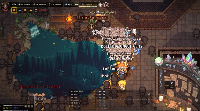A screenshot from an online game shows a crowded chat area near a waterfall feature, with player usernames visible including 'Mirelle Kain' and 'jeffarugames', and chat text mentioning 'CHERRY BOMBS' and 'BLAST FROM ABOVE'.
