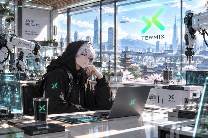 Anime-style illustration of a silver-haired character in a black hoodie working on a 'TERMIX' branded laptop in a futuristic office, with a Mt. Fuji and cityscape view through the window and Japanese text reading 'より良い明日のために' (For a Better, Brighter Tomorrow).