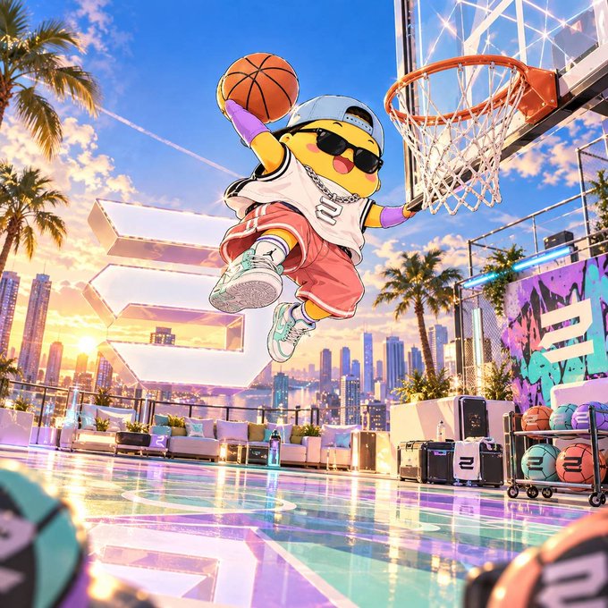 A vibrant illustration of a cartoon mascot wearing sunglasses, a backwards cap, and streetwear performing a slam dunk on an outdoor basketball court with a city skyline and palm trees in the background.