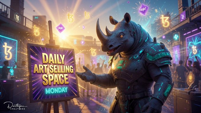 A digital artwork promotion shows a rhinoceros-like armored creature in a neon-lit city, with a sign reading 'DAILY ART SELLING SPACE MONDAY' and 'Dnetteur Creations' watermark.