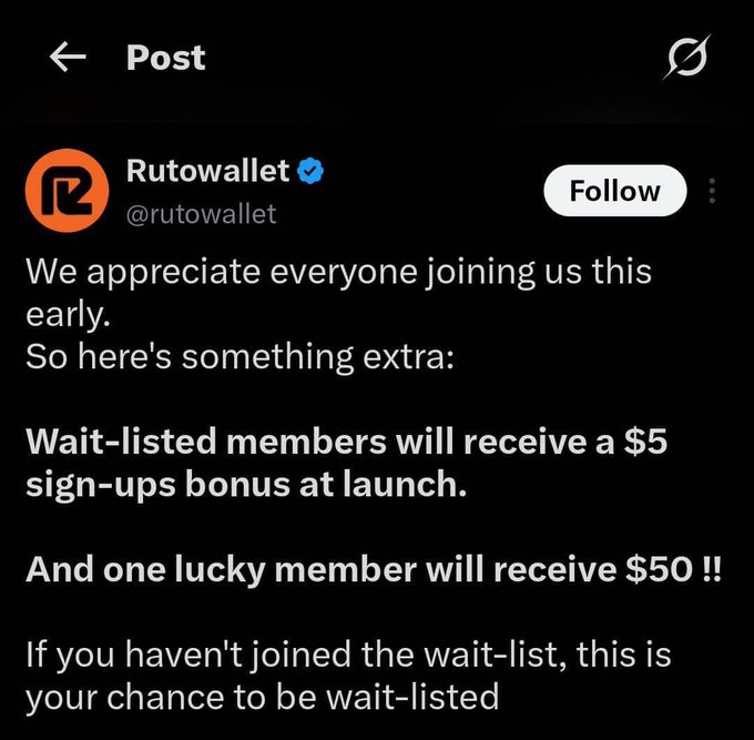 A screenshot of a verified X post from Rutowallet (@rutowallet) announcing that wait-listed members will receive a $5 sign-up bonus at launch, with one lucky member receiving $50.
