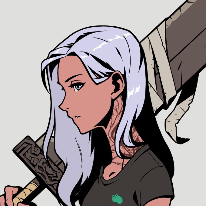 An anime-style illustration of a white-haired character with green eyes, a black shirt with a green frog logo, and tattoos on their neck, holding a large weapon.