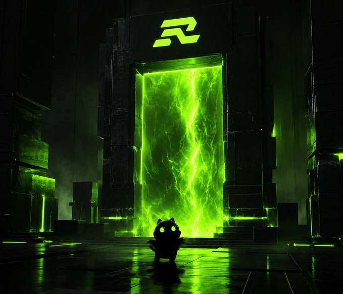 Dark sci-fi digital artwork showing a small black cat-like creature with glowing white eyes standing before a massive neon green portal beneath an "R" logo.