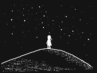 A minimalist black and white illustration depicts a small figure standing on a glittering hill beneath a starry night sky.
