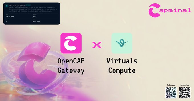 The image features a poster for an opencap gateway, which has been released by Capminal. The poster includes two icons - one representing OpenCAP Gateway and another representing virtuals computing. The caption below the poster reads "Our fren Capminal just did previous week: > Released Capminal V2 with a new UI". This suggests that Capminal has recently launched an opencap gateway, which is integrated into their virtuals computing platform.
