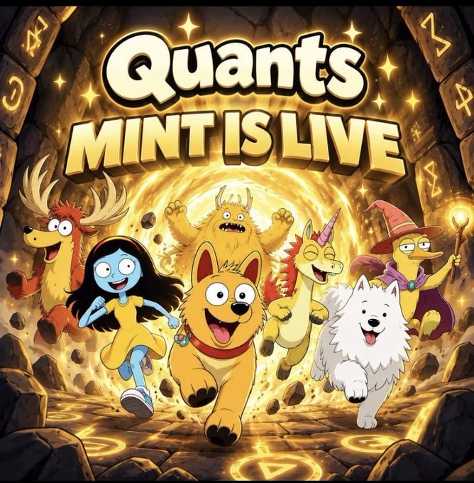 A vibrant cartoon-style illustration announces "Quants MINT IS LIVE" with the show's name displayed prominently in bold golden text at the top. A diverse cast of characters—including a moose, a blue-skinned girl in a yellow dress, an excited orange dog, a unicorn, a white fluffy dog, and a wizard-duck hybrid holding a glowing staff—burst forward through a glowing magical portal, directly visualizing the 4,300 unique NFT collection launching on Solana.