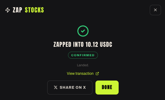 A confirmation screen from Zap Stocks showing a successful transaction: 'ZAPPED INTO 10.12 USDC' with a green checkmark and 'CONFIRMED' status, dated September 25, 2026.