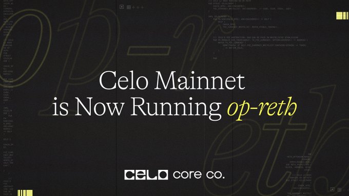 A Celo promotional graphic announcing 'Celo Mainnet is Now Running op-reth' by CELO core co.