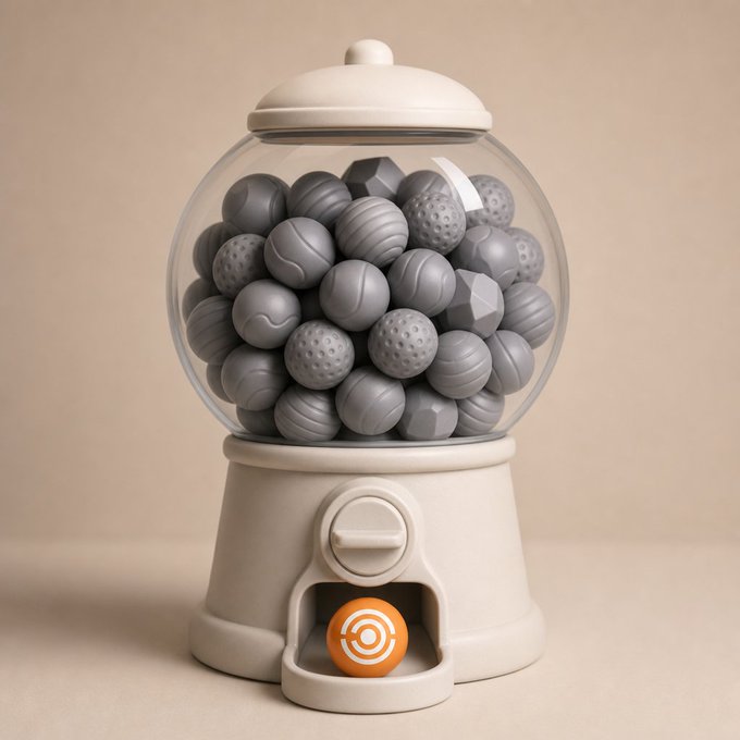 The image features a small white plastic toy carousel with a large glass ball at its center. The ball contains numerous gray balls inside of it. There are also an orange circle and a yellow circle visible near the bottom right corner of the image, possibly representing buttons or controls for the toy carousel.