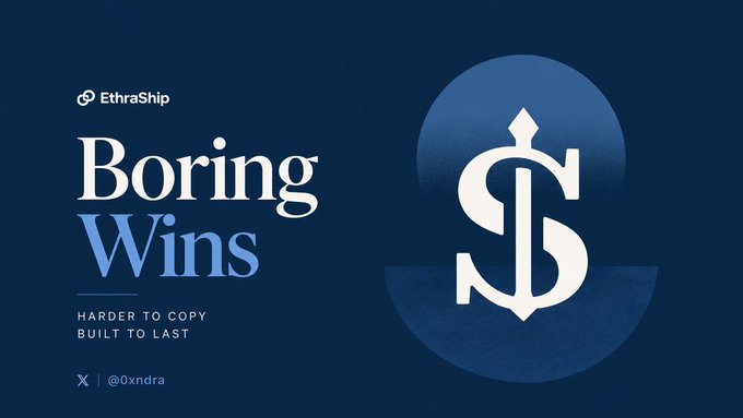 A promotional graphic for EthraShip featuring a stylized dollar sign anchor logo with the tagline 'Boring Wins - HARDER TO COPY, BUILT TO LAST' and the X handle @0xndra.