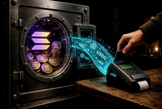 A digital artwork depicts a hand using a card reader terminal to transfer glowing USDC stablecoin tokens from a metal vault filled with stacked gold and purple coins.