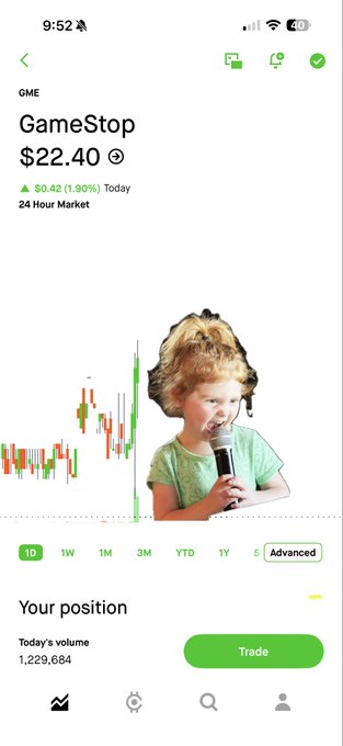 A Robinhood stock app screenshot showing GME (GameStop) trading at $22.40, up $0.42 (1.90%), with a cartoon image of a young girl with pigtails holding a microphone overlaid on the price chart.