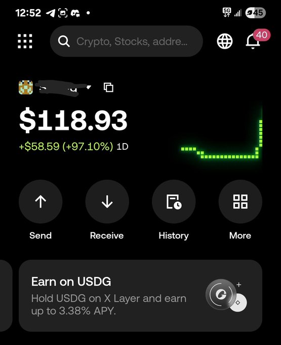 A cryptocurrency wallet holding $118.93, up +$58.59 (+97.10%) in 1 day, with options for Send, Receive, History, and More. The image visually supports the post's message of "another win secured," showcasing a significant gain that aligns with receiving the 70 USDT stimulus mentioned.