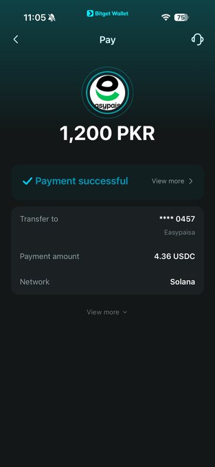 Mobile app screenshot from Bitget Wallet showing a successful payment of 1,200 PKR (4.36 USDC) via the Solana network to an Easypaisa account ending in 0457.
