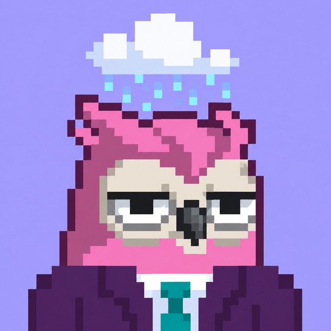 A pixel art portrait of an anthropomorphic pink owl wearing glasses and a business suit with a rain cloud hovering over its head.