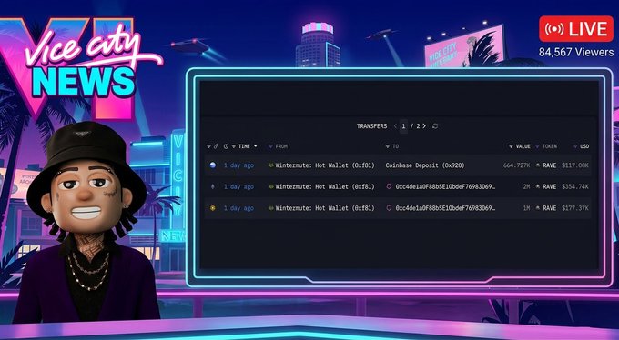 Vice City News broadcast featuring a virtual avatar news anchor in a hat and purple jacket, displaying crypto transfer data with over 84,567 viewers.