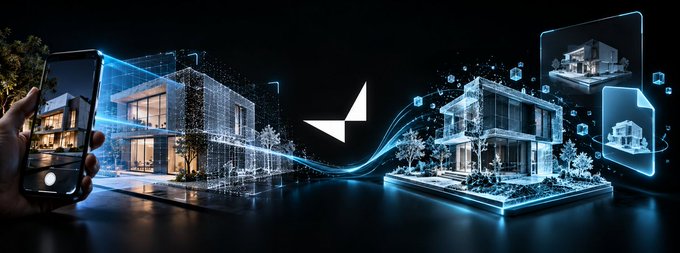 A digital graphic showing a hand holding a phone connected to a wireframe 3D house model, with a stylized 'A' logo in the center, representing architecture or design technology.