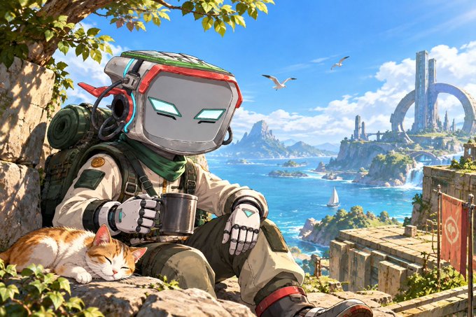 An anime-style illustration shows a robot with a screen-like face and green glowing eyes sitting on a cliff with a backpack, holding a metal mug, accompanied by an orange and white cat, with a coastal city and ocean in the background.