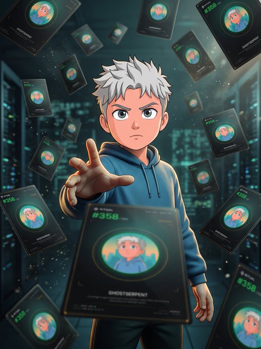 An anime-style illustration features a white-haired boy in a blue hoodie reaching forward, surrounded by floating digital cards labeled '#358' and 'GHOSTSERPENT' in a server room setting.