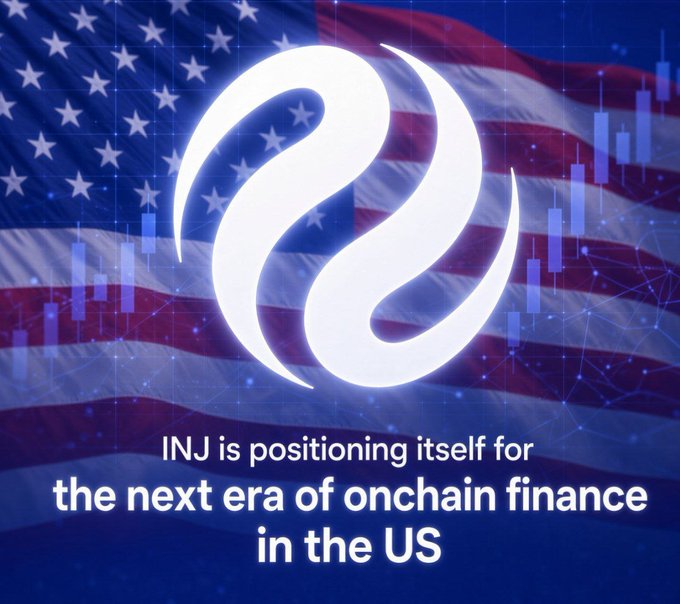 A finance graphic shows a glowing white logo over an American flag with the text, “INJ is positioning itself for the next era of onchain finance in the US.”