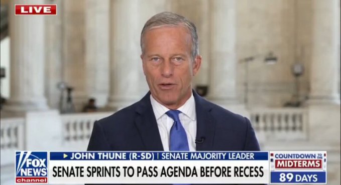Senator John Thune (R-SD) appears live on Fox News, with chyrons identifying him as Senate Majority Leader and reporting "Senate sprints to pass agenda before recess" with 89 days until the midterms, aligning with the post's coverage of his push to advance legislation like the CLARITY Act before the August recess.
