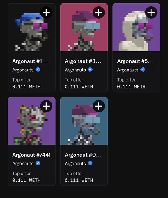 A marketplace displays five pixel-art 'Argonaut' NFTs from the Argonauts collection, each listed with a top offer of 0.111 WETH.