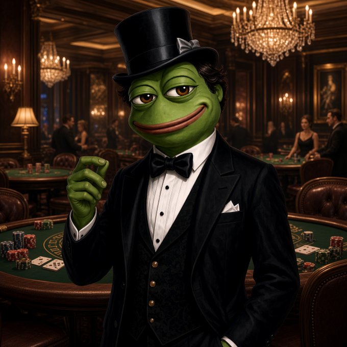 An AI-generated image of Pepe the Frog dressed as a high-class gambler in a tuxedo and top hat, standing in an elegant casino with chandeliers and poker tables.