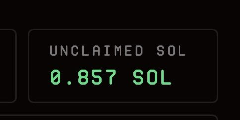 A dark interface panel showing green text 'UNCLAIMED SOL 0.857 SOL' indicating an unclaimed Solana balance.