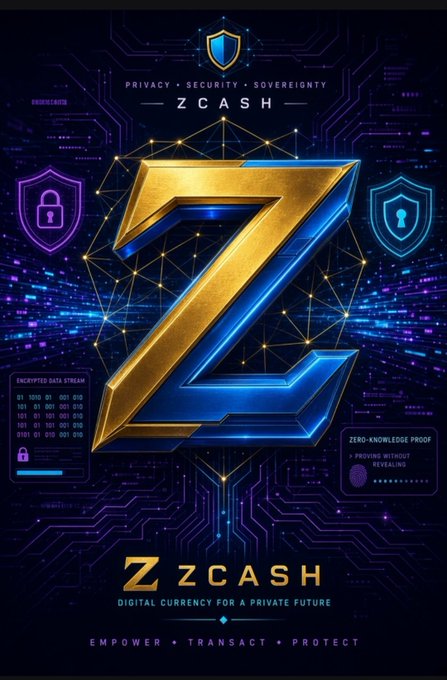 A promotional graphic for Zcash cryptocurrency features a prominent golden "Z" logo with the text "PRIVACY • SECURITY • SOVEREIGNTY", "ZCASH", "DIGITAL CURRENCY FOR A PRIVATE FUTURE", and "EMPOWER • TRANSACT • PROTECT" against a circuit board background.
