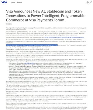 The image shows a screenshot of an article from a tech news source, which appears to be a report about Visa's new AI stability coin, known as the Ribbit token or its implications for AI-driven commerce. The headline of the article is "Visa Announces New AI Stability Coin". The text within the article discusses these developments and provides information on how users can get involved in this innovative venture.