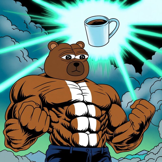 A cartoon illustration of a muscular brown bear standing triumphantly against a dramatic sky, with a floating coffee mug radiating green light above its head.
