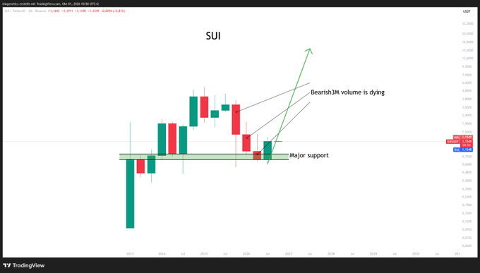 A monthly candlestick chart for SUI cryptocurrency is shown, displaying price action with green and red candles across 2023-2025, featuring a highlighted "Major support" zone around the $2.85-$3.10 level with annotations indicating "Bearish 3M volume is dying" and arrows suggesting a potential upward breakout from the support area. The chart visually supports the post's commentary by showing SUI holding a critical support level, suggesting that listening to technical support analysis (rather than bearish sentiment) may have been the right call for a long-term position.