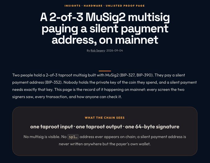 A webpage titled 'A 2-of-3 MuSig2 multisig paying a silent payment address, on mainnet' by Rob Seegers, dated 2026-09-04, explaining the technical details of a Bitcoin multisig transaction.