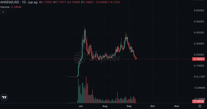 A daily candlestick chart of ANSEM/USD showing a sharp rally from July to a peak near $0.50, followed by a correction to $0.16 (-9.12%), illustrating the volatile memecoin pattern referenced in the post questioning whether to buy or face the "gulag."