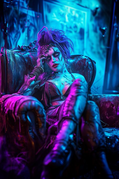 A purple-haired woman with dark makeup reclines on an ornate red velvet sofa, illuminated by moody blue and purple neon lighting.