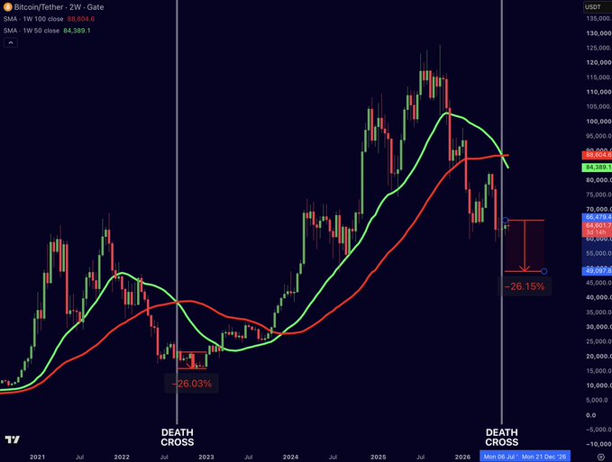 A Bitcoin/Tether (BTCUSDT) weekly chart from TradingView shows a "Death Cross" pattern where the 50-week SMA (84,389.1) has crossed below the 100-week SMA (88,604.6), with annotations marking a -26.03% decline following a similar 2022 death cross and projecting a potential -26.15% drop from the current ~$60,000 price level.