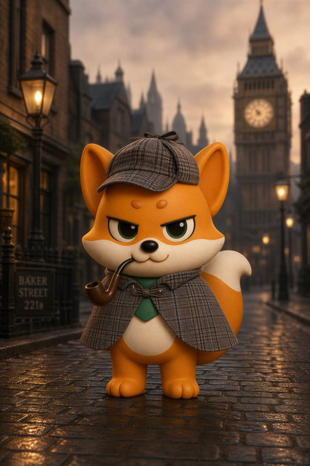A cartoon fox detective in a deerstalker cap and tweed coat stands on a cobblestone London street, with Big Ben and a "Baker Street 221B" sign visible in the misty background, smoking a pipe while keeping watch—fittingly evoking Sherlock Holmes for KuCoin's ongoing "case" that remains open and unsolved.