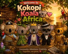 A vibrant promotional graphic featuring five cartoon koalas dressed in safari-themed attire (safari hat, royal robe, and explorer outfit) against a golden sunset savanna backdrop, with the bold text "Welcome to Kokopi Koala Africa" and the tagline "Community. Adventure. Creativity. Together, we grow." The image visually introduces the Kokopi Koalas Africa community initiative aimed at onboarding Africans into the Kokopi Canopy NFT ecosystem.