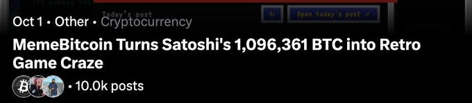 The image shows a Reddit post titled "MemeBitcoin Turns Satoshi's 1,096,361 BTC into Retro Game Craze" with 10.0k posts in the Cryptocurrency subreddit. The post relates to the accompanying comment by highlighting the role of Bitcoin-native narratives—particularly memes and Ordinals-based projects like inscriptions and runes—in driving cycles, aligning with the article's focus on a meme coin tied to Satoshi's vast BTC holdings.