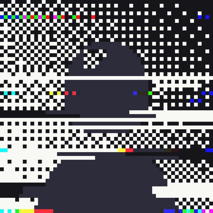 An abstract, pixelated pattern composed of black, white, gray, and occasional colored squares arranged in horizontal bands and checkered textures.