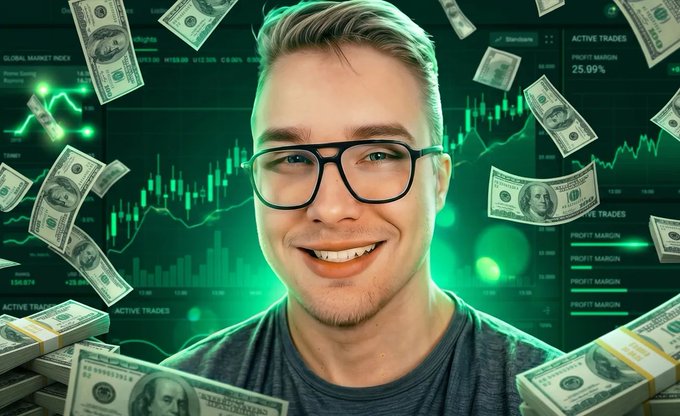 The image features a man standing in front of a background with money falling from the sky. The man, who appears to be a young man with glasses and a beard wearing a gray shirt, is smiling at the camera. There are also several pieces of paper that resemble $XRP bills scattered around him on the left side of the image. The text "xrp community this is crazy!! I just found something that every active XRP trader should know about." suggests an interesting or surprising event involving money and cryptocurrency.