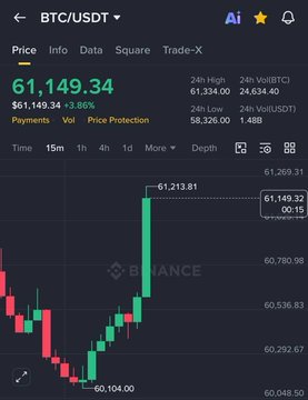 A Binance cryptocurrency trading chart for BTC/USDT showing a current price of 61,149.34 with a 24h change of +3.86%, 24h high of 61,334.00, and price protection at 61,213.81, displayed on a candlestick chart.
