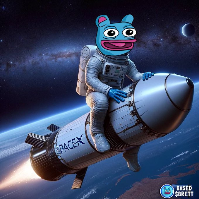 A digital illustration shows a blue cartoon character with large eyes riding a SpaceX rocket through space above Earth, with the watermark 'BASED $BRETT' in the corner.